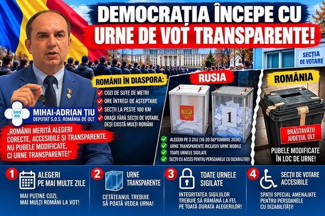 Un bărbat într-un costum albastru și cravat neagră stă în fața unui panou informativ cu text și imagini cu urne de vot.