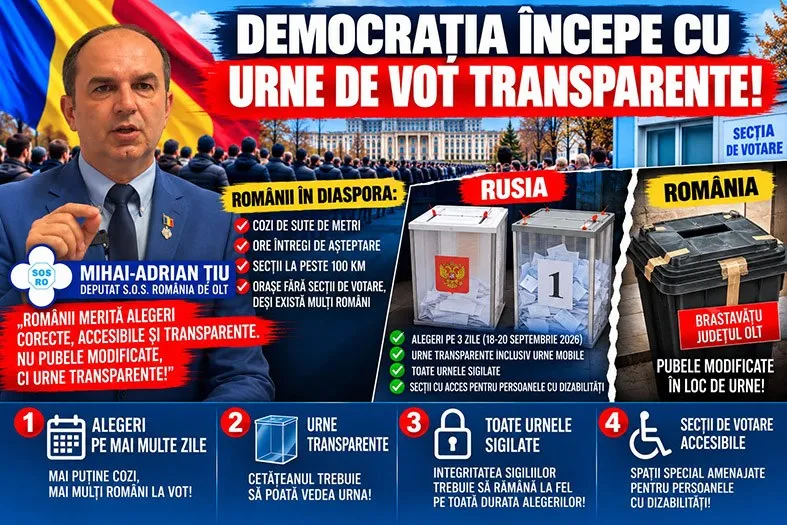 Un bărbat într-un costum albastru și cravat neagră stă în fața unui panou informativ cu text și imagini cu urne de vot.