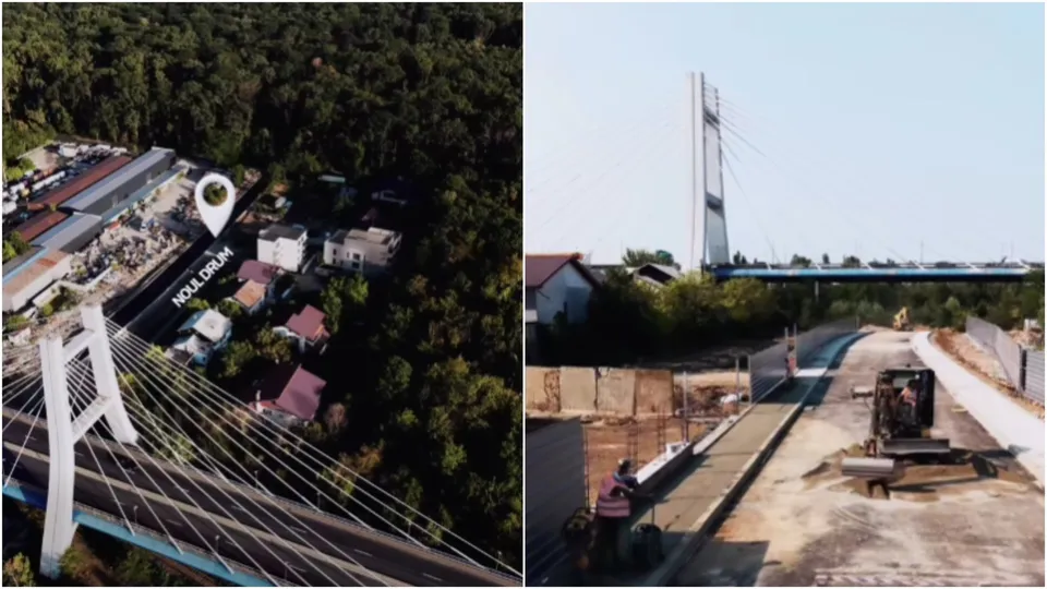 Imagine compusă dintr-o vedere aeriană a unei zone cu vegetație și clădiri și o fotografie de pe un șantier cu utilaje și elemente de beton.
