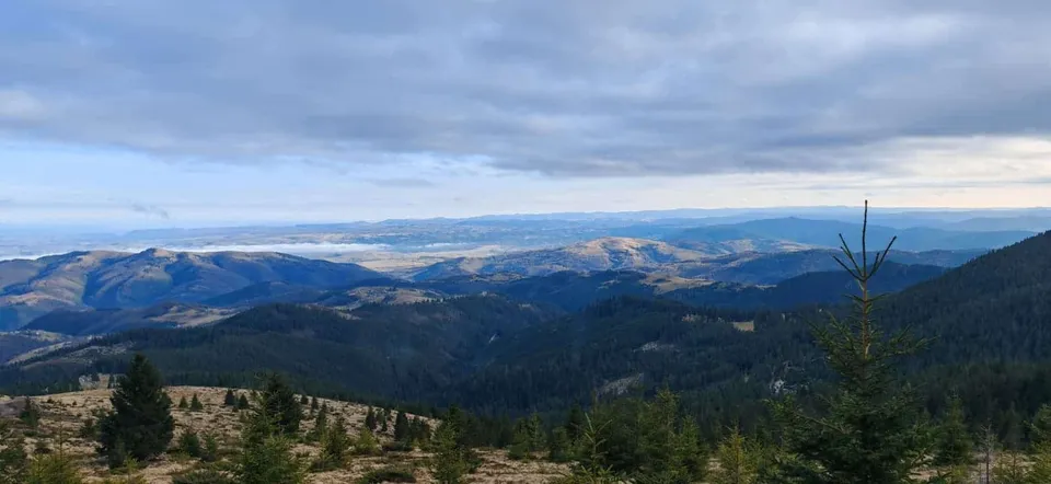 Peisaj montan cu dealuri acoperite de păduri sub un cer înzăpezit de nori.