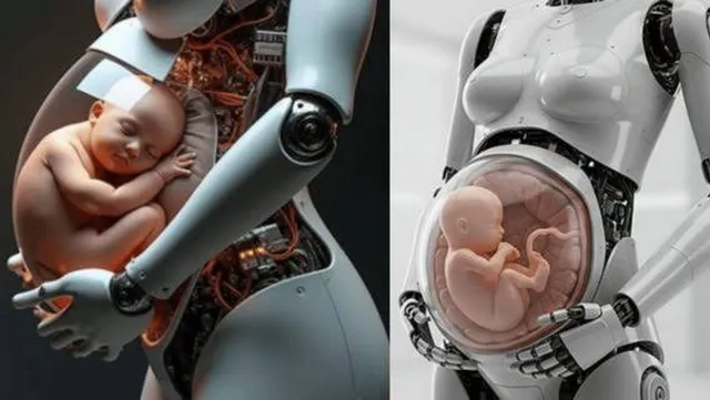 Două imagini digitale ilustrează roboți antropomorfici albi cu un făt aflat într-o cavitate transparentă în zona abdomenului.