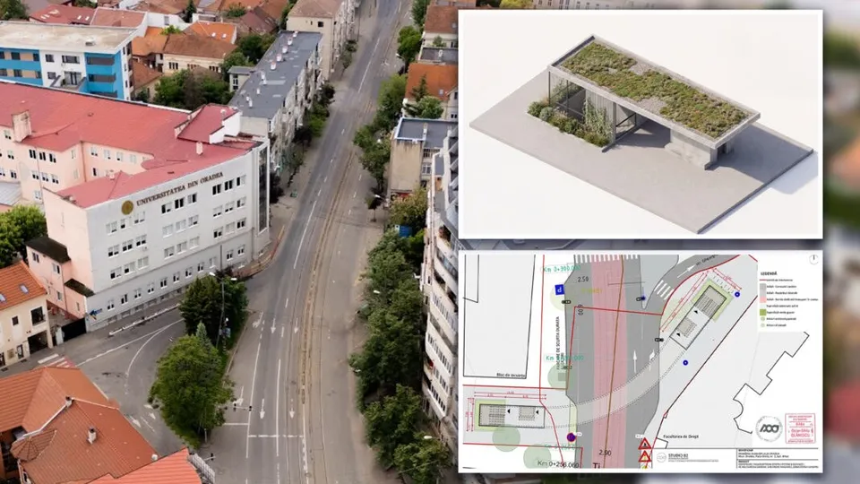 Imaginea prezintă o vedere aeriană a unui bulevard cu tramvai și două schițe tehnice ale unui proiect arhitectural de pasaj subteran.
