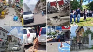 Un colaj de fotografii prezintă interiorul unui magazin, un vehicul gri pe un drum, resturi de o structură prăbușită, un grup de oameni pe iarbă, mașini parcate și o clădire cu un gard negru.