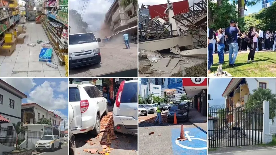 Un colaj de fotografii prezintă interiorul unui magazin, un vehicul gri pe un drum, resturi de o structură prăbușită, un grup de oameni pe iarbă, mașini parcate și o clădire cu un gard negru.