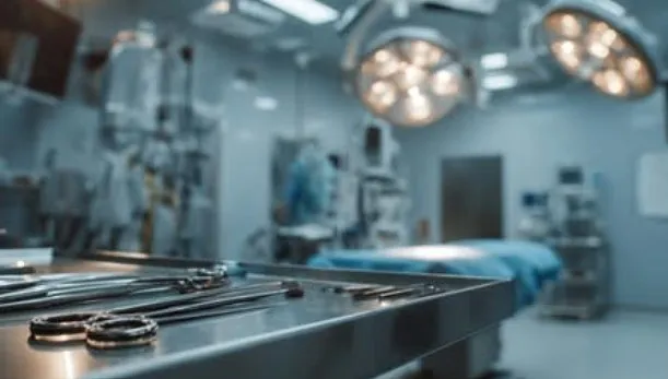 O cameră de operație cu instrumente chirurgicale pe un tăviță metalică în planul aproape și lumini de operație suspendate în fundal.