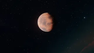 O planetă de culoare roșiatică este vizibilă în spațiu, înconjurată de puncte luminoase pe un fundal negru.
