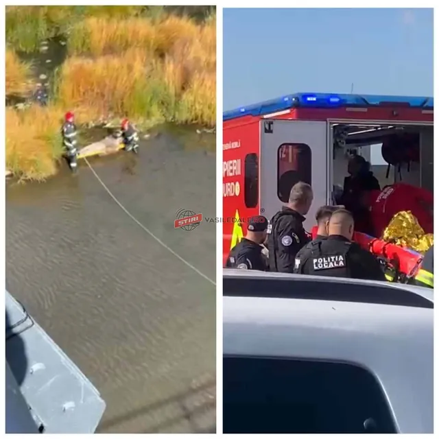 Două persoane în uniforme de intervenție se află lângă un râu, iar în partea dreaptă sunt vizibile polițiști lângă un vehicul de serviciu deschis.