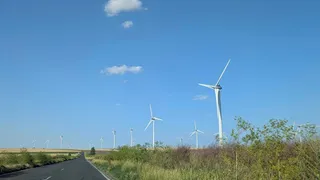 Mai multe turbine eoliene albe sunt amplasate pe un câmp verde sub un cer albastru cu câteva nori plutind.
