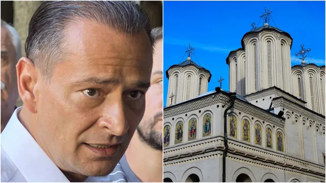 Imagine compusă formată dintr-un prim plan al unui bărbat și o fotografie cu exteriorul unei catedrale albe sub un cer albastru.