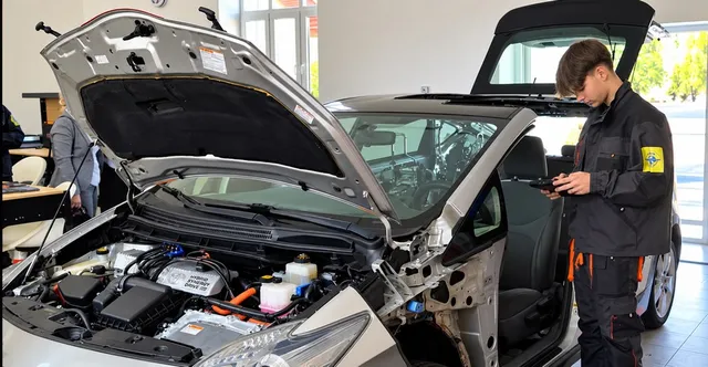 Un tânăr într-o jachetă neagră stă lângă un automobil secționat cu capota și portbagajul deschise într-o încăpere iluminată.