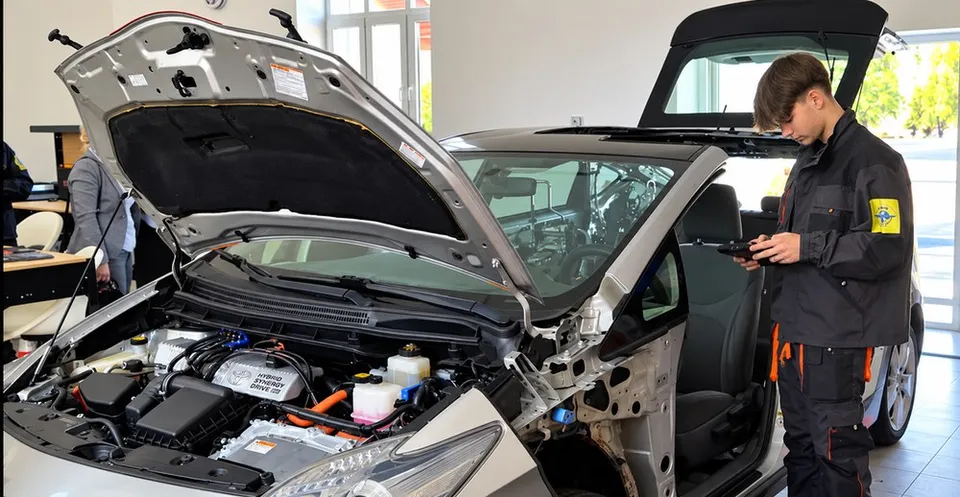 Un tânăr într-o jachetă neagră stă lângă un automobil secționat cu capota și portbagajul deschise într-o încăpere iluminată.
