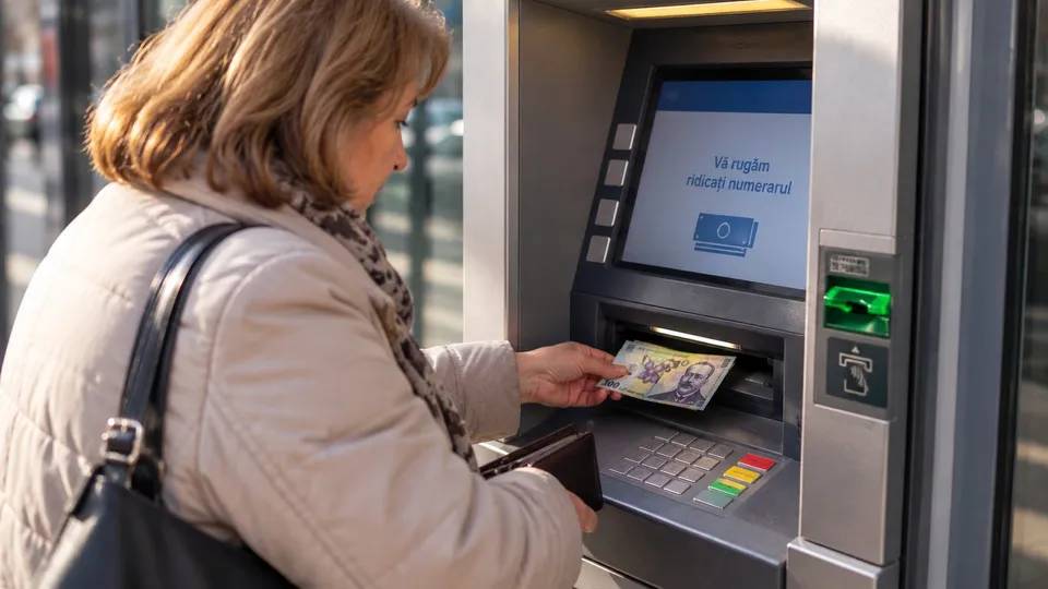 O femeie cu părul scurt și o geantă neagră introduce un card într-un bancomat aflat în exteriorul unei clădiri.