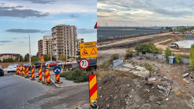 Două imagini prezintă un șantier cu utilaje, semne de circulație, bariere portocalii și clădiri de apartamente sub un cer înnorat.