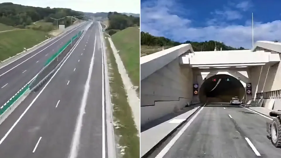 Imagine compusă cu o autostradă cu mai multe benzi și o intrare într-un tunel de beton sub un cer cu nori.