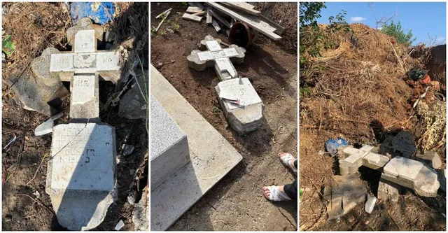 Trei imagini juxtapuse arată cruci de mormânt din piatră, parțial sparte, așezate pe pământ, lângă o grămadă de resturi vegetale și gunoi.