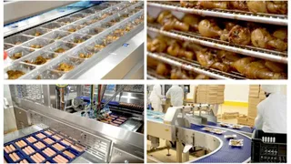 Imagine compusă din patru cadre prezentând produse de carne pe bandă de transport, procesare industrială și angajați în haine albe într-o fabrică.