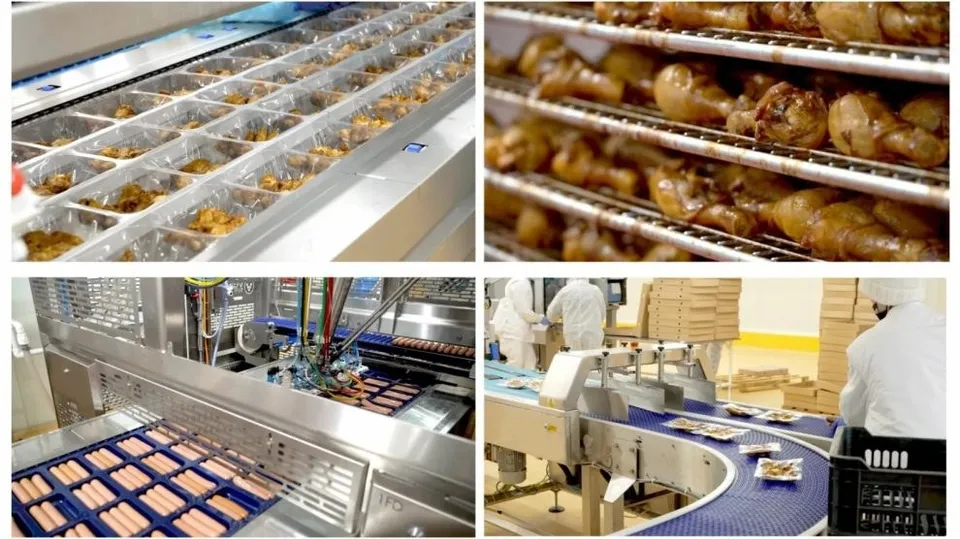 Imagine compusă din patru cadre prezentând produse de carne pe bandă de transport, procesare industrială și angajați în haine albe într-o fabrică.