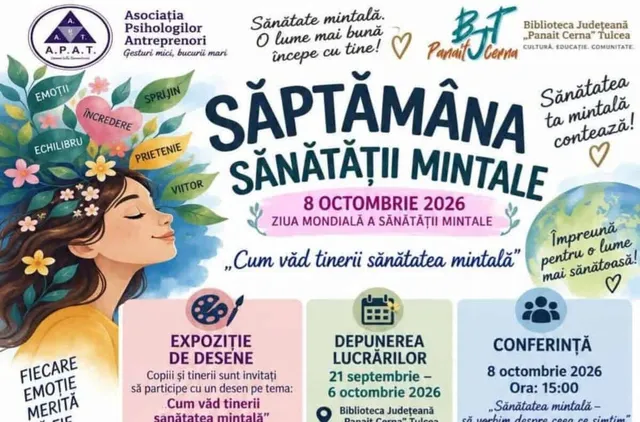Un afiș colorat prezintă ilustrația unei femei cu flori în păr, text scris și diverse elemente grafice pe un fundal alb.
