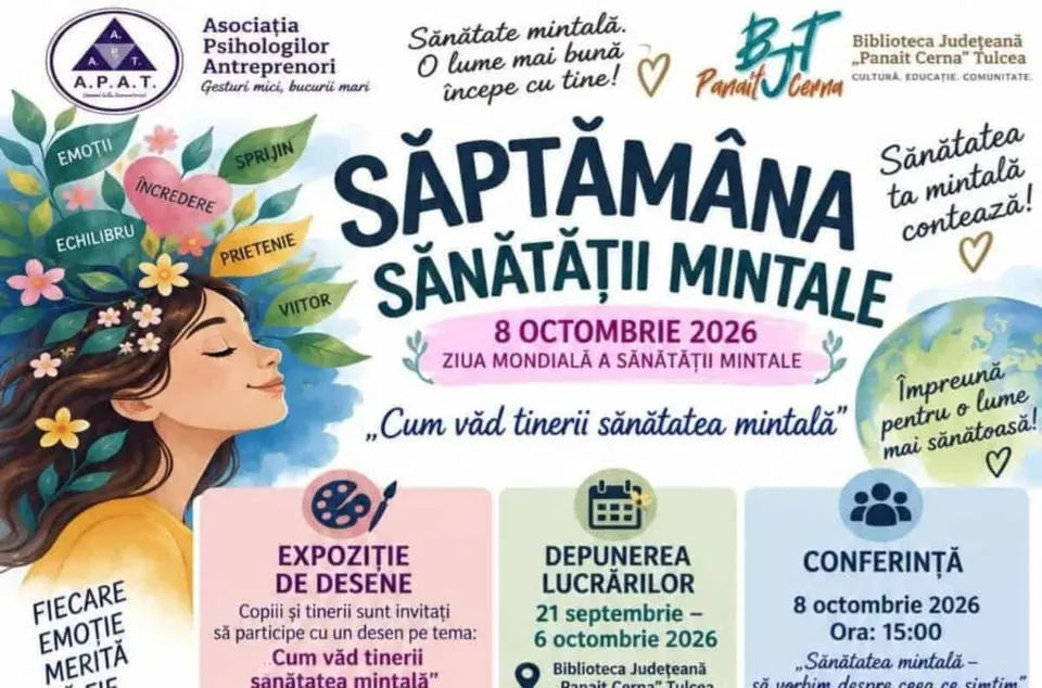 Un afiș colorat prezintă ilustrația unei femei cu flori în păr, text scris și diverse elemente grafice pe un fundal alb.