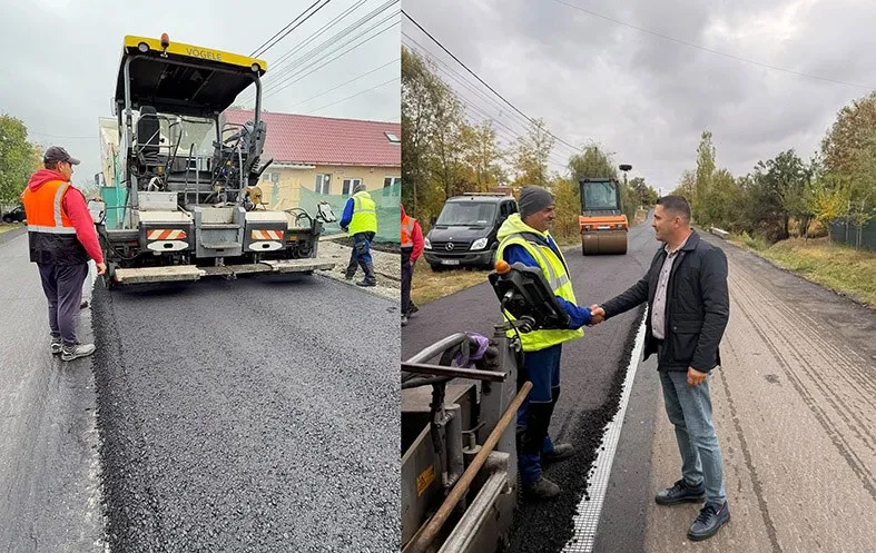 Două fotografii suprapuse arată un utilaj de asfaltat pe un drum și doi bărbați care se strâng de mână lângă o suprafață proaspăt asfaltată.