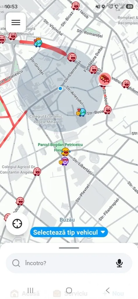 O captură de ecran a unei aplicații de hartă, arătând o zonă din Buzău cu străzi și puncte de interes, inclusiv Parcul Bogdan Petriceicu Hasdeu.