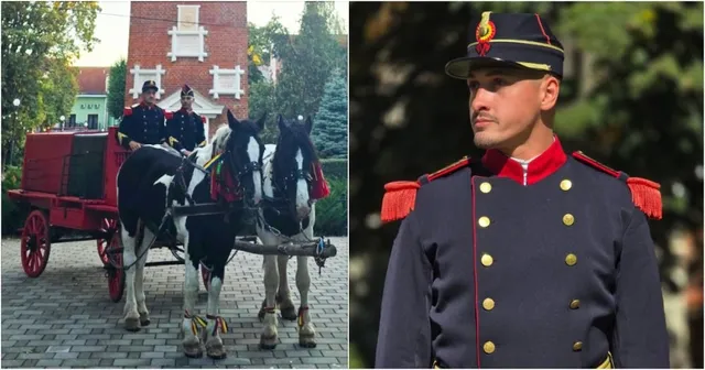 O imagine compusă prezintă un căruț roșu tras de doi cai și doi bărbați în uniforme în stânga, iar un bărbat în uniformă militară în dreapta.