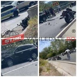 Un colaj de patru fotografii prezintă un autoturism negru, o mașină de poliție, motociclete întinse pe asfalt și persoane lângă vehicule pe un drum.
