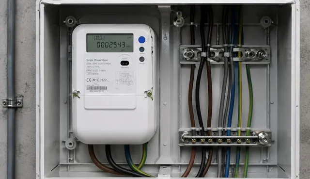 Un contor electric alb este montat într-o cutie de distribuție deschisă lângă mai multe cabluri colorate conectate la borne metalice.