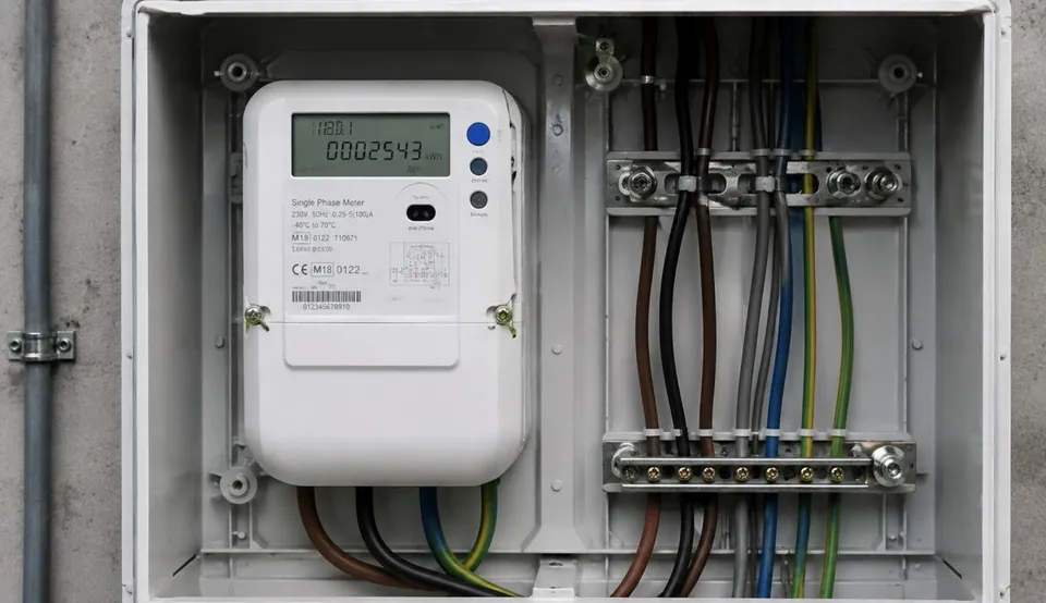 Un contor electric alb este montat într-o cutie de distribuție deschisă lângă mai multe cabluri colorate conectate la borne metalice.