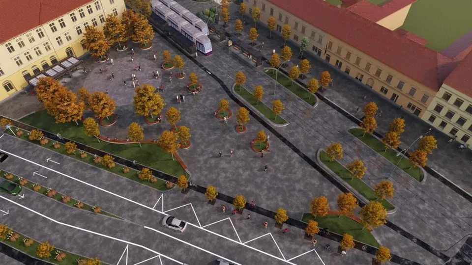 O reprezentare digitală 3D a unei zone urbane cu clădiri, străzi asfaltate, linii de circulație albe, vegetație cu frunziș galben și câteva vehicule mici.