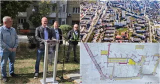 Patru bărbați stau pe un teren cu iarbă lângă un podium, lângă o imagine aeriană a unui cartier și un plan tehnic.