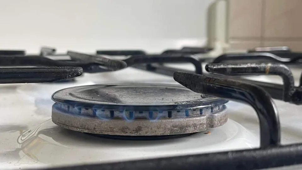 Un arzător de gaz aprins pe o plită de gătit cu flăcări albastre sub un suport metalic negru.