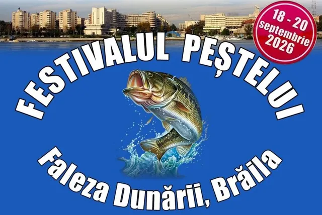 Un pește ilustrat sare din apă pe un fundal albastru, deasupra căruia scrie text alb și un cerc roșu conține date calendaristice.