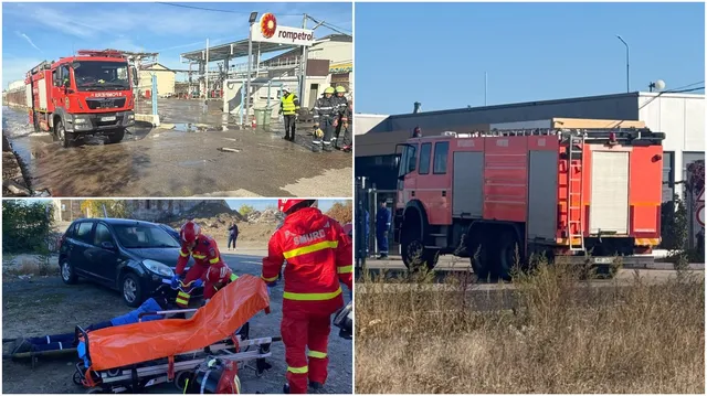 Un camion de pompieri roșu este parcat lângă o clădire, în timp ce în alte cadre apar vehicule de intervenție și persoane în uniforme de protecție.