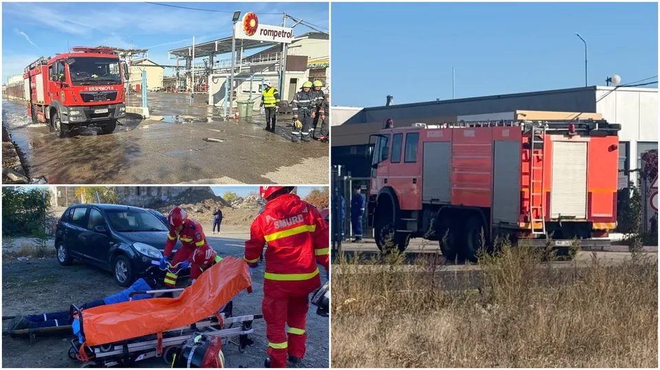 Un camion de pompieri roșu este parcat lângă o clădire, în timp ce în alte cadre apar vehicule de intervenție și persoane în uniforme de protecție.