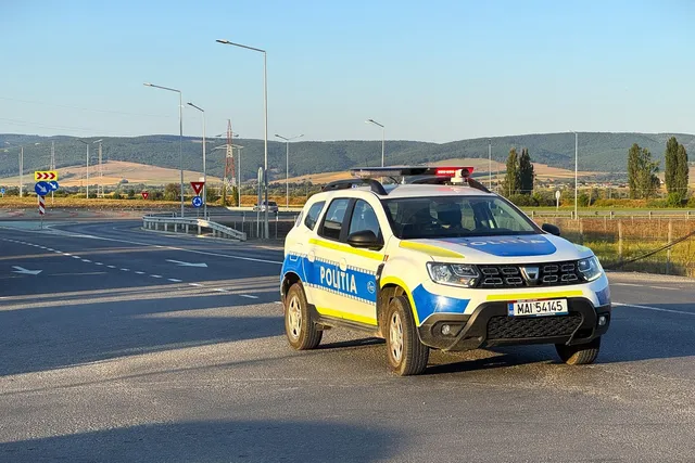 O mașină de poliție albă cu dungi albastre și galbene, cu girofaruri roșii, staționează pe marginea unei șosele, cu un peisaj rural în fundal.
