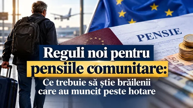 Un bărbat cu rucsac și valiză privește spre un avion de pe o pistă, lângă un document cu textul pensie, monede și un steag european.