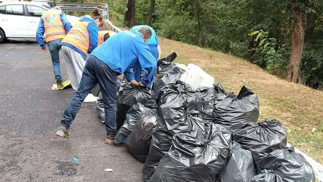 Mai mulți bărbați în haine de lucru și veste reflectorizante manipulează saci negri de gunoi pe marginea unui drum asfaltat lângă vegetație.