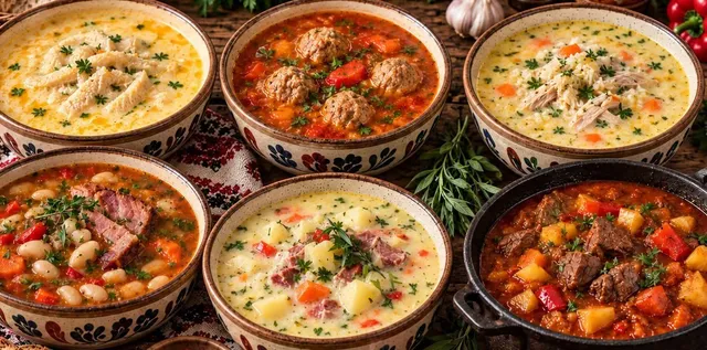 Șase boluri și o tigaie cu diverse preparate de ciorbă și gulaș, decorate cu verdeață, așezate pe o masă de lemn.