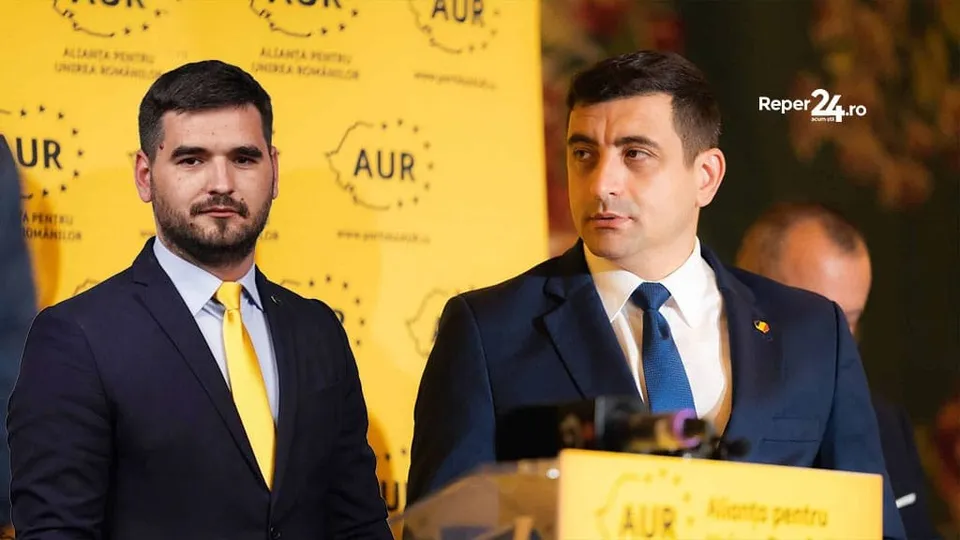 Un bărbat cu cravată galbenă și un bărbat cu cravată albastră stau în fața unui fundal galben cu text și simboluri.