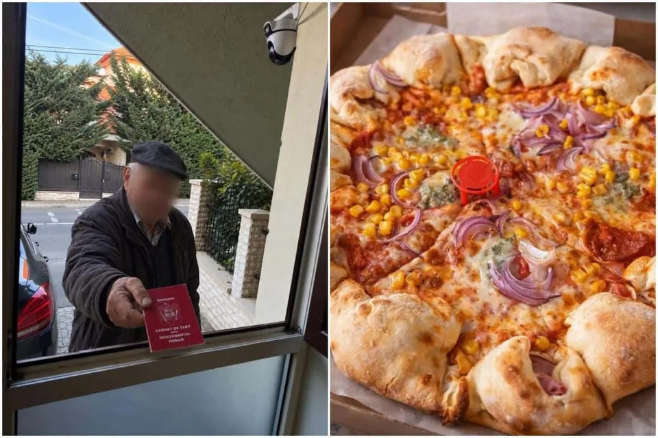 Un bărbat cu șapcă întinde un carnet roșu printr-o fereastră, în timp ce în partea dreaptă se vede o pizza cu porumb și ceapă roșie.