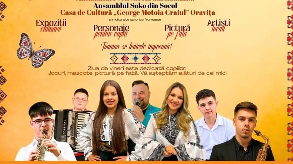 Șase persoane, inclusiv un bărbat cu microfon și un bărbat cu saxofon, poartă haine albe cu motive negre pe un fundal galben cu text.