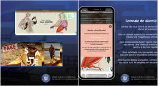 Un ecran de telefon mobil afișează un site web cu imagini de modă, lângă un ecran de laptop care prezintă reclame cu haine și textul "FAKE".