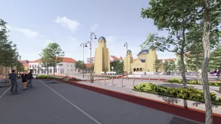 O reprezentare digitală a unei zone urbane cu clădiri galbene, copaci verzi, alei pietruite și câteva siluete de oameni mergând pe un drum gri.