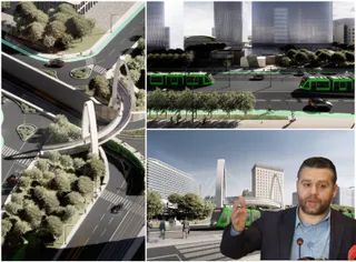 Imaginea prezintă o ilustrație digitală a unui proiect urban cu drumuri, vegetație și un tramvai, alături de un bărbat într-un costum în prim-plan.