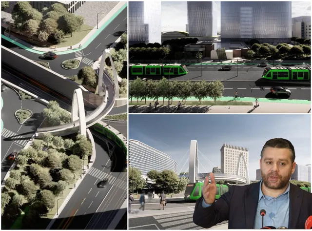 Imaginea prezintă o ilustrație digitală a unui proiect urban cu drumuri, vegetație și un tramvai, alături de un bărbat într-un costum în prim-plan.