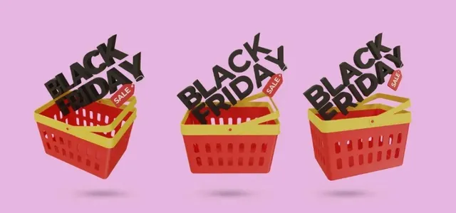 Trei coșuri de cumpărături roșii cu margini galbenii, fiecare având deasupra textul negru cu inscripția Black Friday.