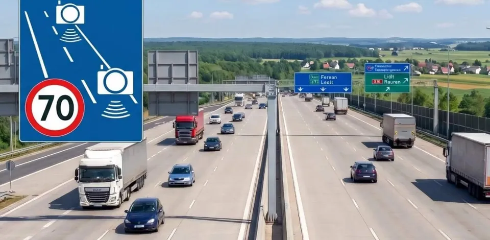 Un indicator rutier albastru cu o limită de viteză de 70 și două pictograme de camere de supraveghere este suprapus pe o autostradă cu trafic.