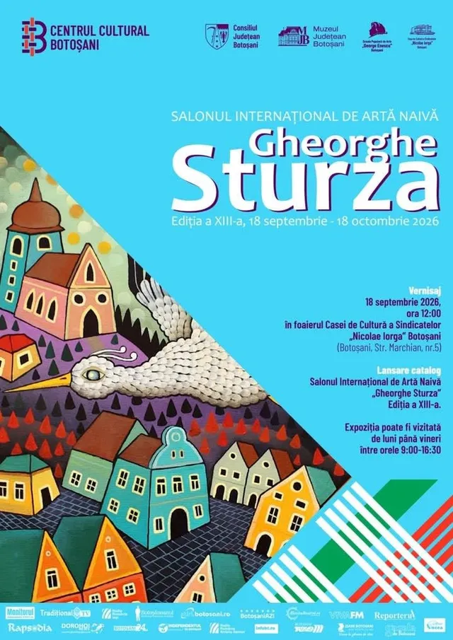 Afișul salonului cu pictură naivă, titlul „Gheorghe Sturza”, ediția a XIII-a și detaliile evenimentului.