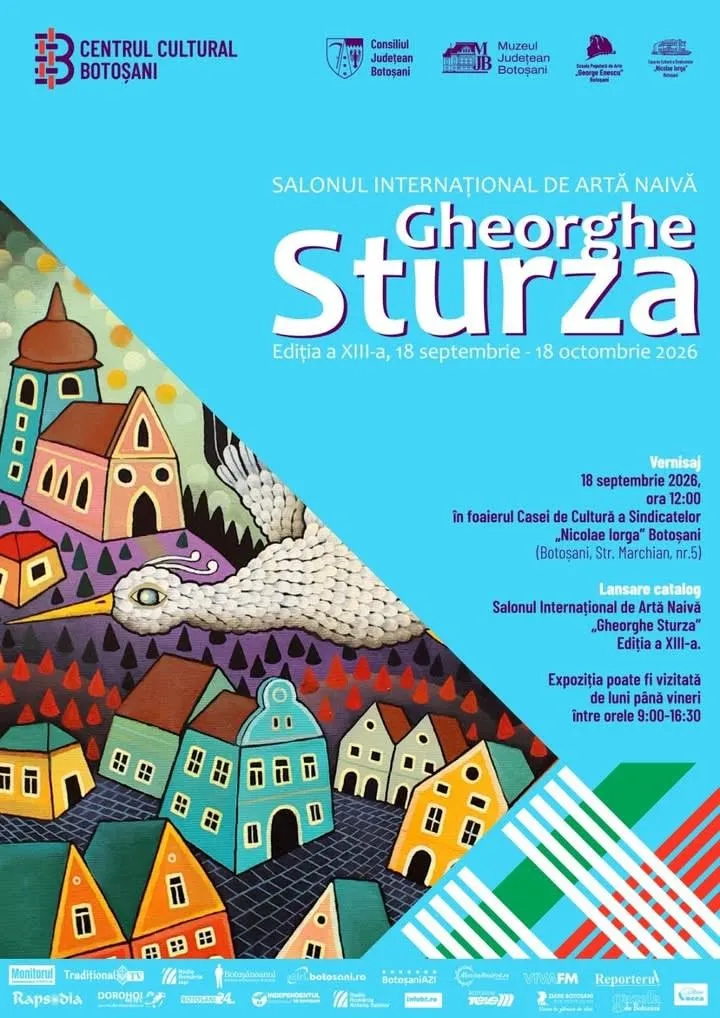 Afișul salonului cu pictură naivă, titlul „Gheorghe Sturza”, ediția a XIII-a și detaliile evenimentului.